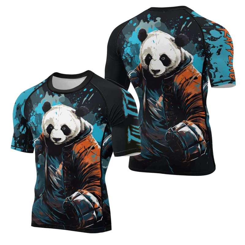 Panda Fighter Men's Short Sleeve Compression Rash Guard MMA Jiu Jitsu BJJ Grappling Base Layer Combat Shirt - color: V3, size: 5X-Large