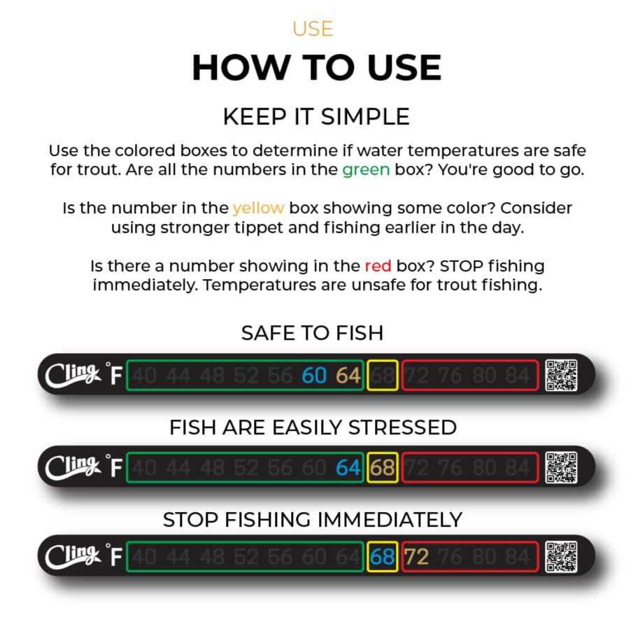 Temperature Tape - Stick on Fly Fishing Thermometer for Flat Surfaces - Highlight Safe and Unsafe temperatures for Trout with Color Coded Boxes (Fahrenheit) - color: Fahrenheit