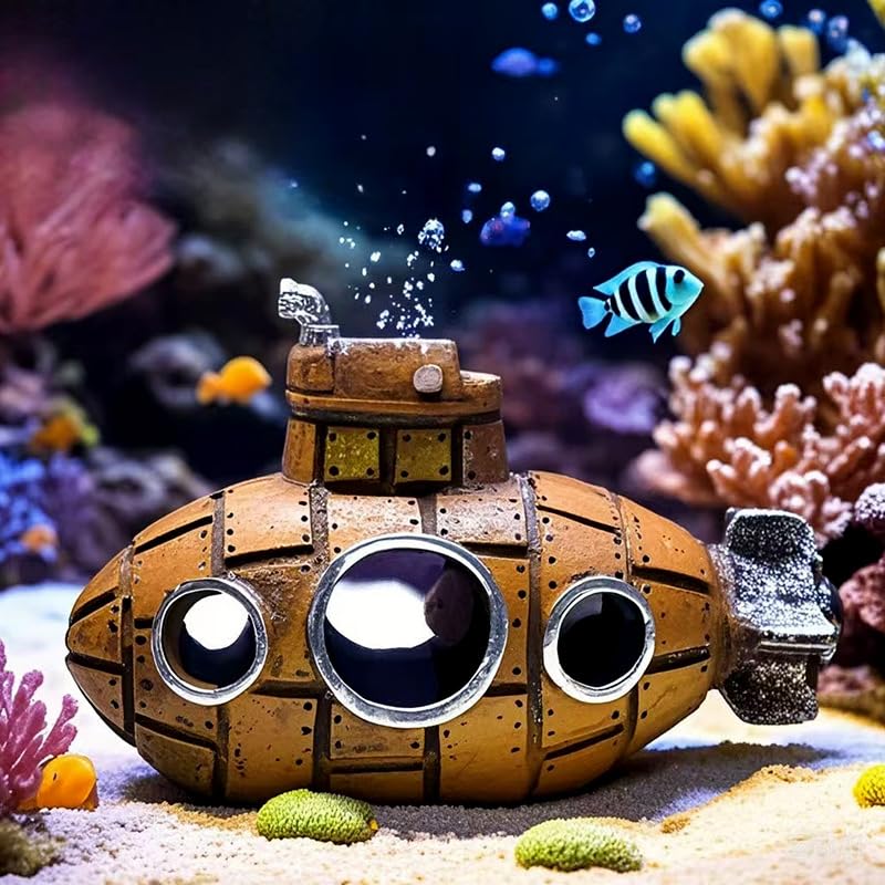 Brown Retro Floating Submarine Ornament for Aquarium - Cute Resin Hovering Decor, Safe Interactive Tank Accessory for Betta, Cichlids, Goldfish, Shrimp, Hermit Crabs