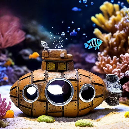 Brown Retro Floating Submarine Ornament for Aquarium - Cute Resin Hovering Decor, Safe Interactive Tank Accessory for Betta, Cichlids, Goldfish, Shrimp, Hermit Crabs