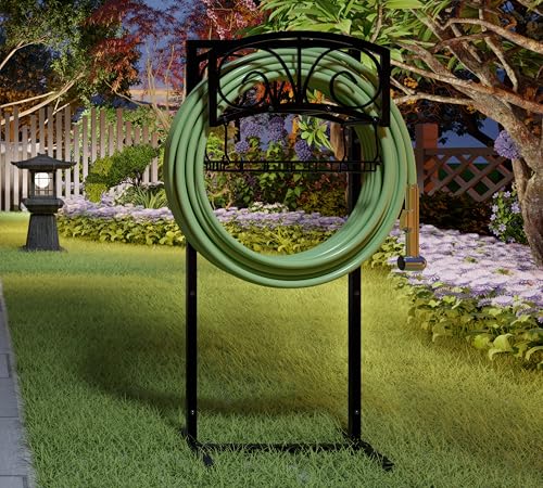 Fire Beauty Garden Hose Holder,Freestanding Water Hose Holder with Storage Basket,In ground Hose Rack Organizer for Outdoor,Detachable Hose Holder Stake,Hose Reel Stand for Outside Lawn Yard - style: Scroll Design