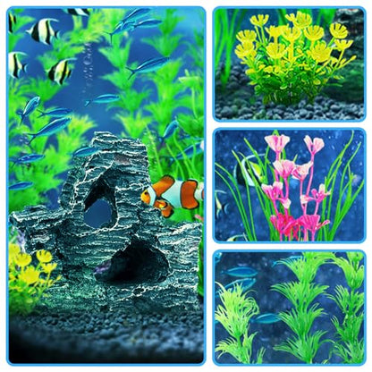 Fish Tank Accessories Artificial Plants, 9pcs Green Aquarium Decorations Plants and Cave Rock Decor Set, Aquarium Decor Plastic Plants