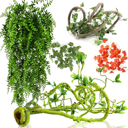 Reptile Vines Plants for Terrarium, Flexible Vines Jungle Climbing Branch with Leaves Tank Decor for Snakes Bearded Dragons Geckos Hermit Crabs Lizards Chameleons