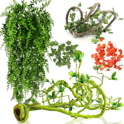 Reptile Vines Plants for Terrarium, Flexible Vines Jungle Climbing Branch with Leaves Tank Decor for Snakes Bearded Dragons Geckos Hermit Crabs Lizards Chameleons