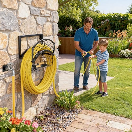 Garden Hose Holder Wall Mount, Heavy Duty Metal Water Hose Holder with Basket for Outside, Hose Storage Holds 150FT Water Pipe for Yard, Lawn, Garden, Farm, Gifts for Women Men - style: Wall Mount with Bracket