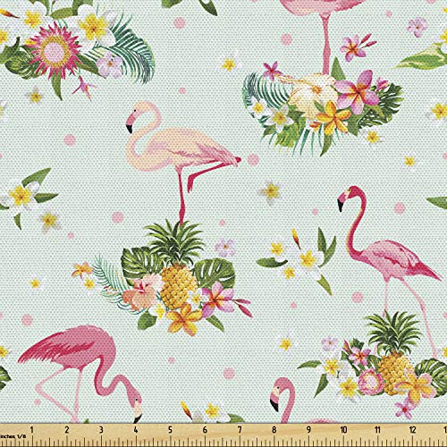 Lunarable Flamingo Fabric by The Yard, Flamingo Bird Tropical Flowers Fruits Pineapples Vintage Style Art, Decorative Fabric for Upholstery and Home Accents, 2 Yards, Green and Pink - color: Green and Pink, size: Upholstery Fabric 2 yards