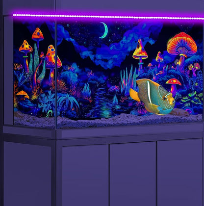 48X20IN Waterfall Fantasy Landscape Mountain Black Light Aquarium Background, UV Fish Tank Background Planet Terrarium Background with 10 EVA Double-Sided Tape - size: 48X20in/120X50cm