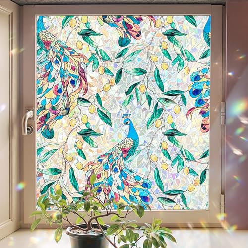 Window Privacy Film, Stained Glass Decorative Static Cling, Removable Laser Sun Blocking Vinyl Covering, Window Film for Home Kitchen Living Room, Peacock Garden, 17.5" x 78.7" - color: Peacock Garden, size: 17.5" x 78.7"