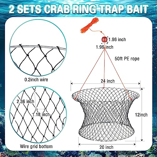 2 Sets Crab Trap Bait Wire Grid Bottom Crab Nets Foldable Fishing Net Hand Casting Cage with Harness and Bait Clip