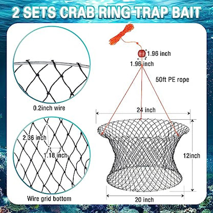 2 Sets Crab Trap Bait Wire Grid Bottom Crab Nets Foldable Fishing Net Hand Casting Cage with Harness and Bait Clip