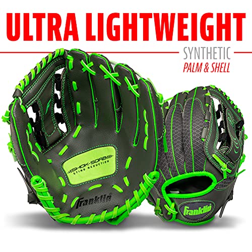 Franklin Sports Youth Teeball Gloves - Shok Sorb Kids Baseball + Teeball Mitt - Boys + Girls Fielder Gloves - 10.5" Inch - color: Graphite/Lime