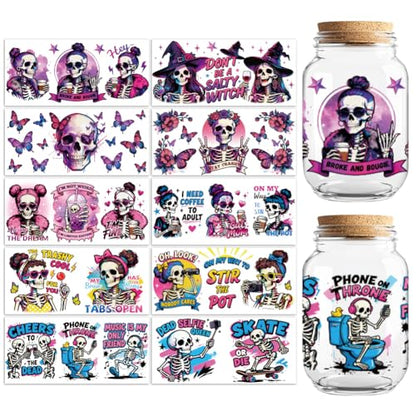 UV DTF Cup Wraps Transfer Stickers Humorous Skull Pattern, 10 Sheets Waterproof Custom Vinyl Transfer Sticker 16oz Coffee Glass Cup Tumbler Bottle Mug Decals for Men Women - style: Humorous Skull