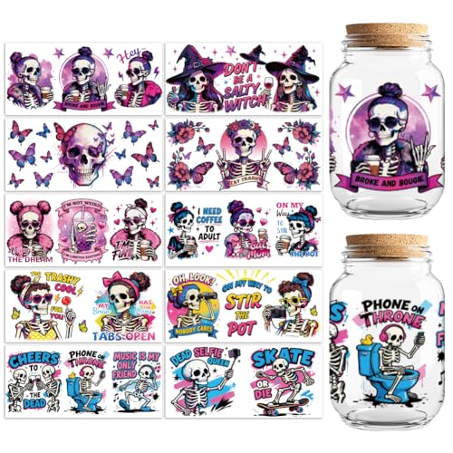 UV DTF Cup Wraps Transfer Stickers Humorous Skull Pattern, 10 Sheets Waterproof Custom Vinyl Transfer Sticker 16oz Coffee Glass Cup Tumbler Bottle Mug Decals for Men Women - style: Humorous Skull