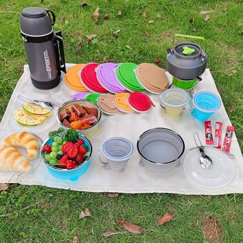 Mess Kit for Camping Silicone Collapsible Bowl Collapsible Cup and Stainless Steel Spoon for Backpacking Outdoor Hiking Traveling and Picnic - color: Gray