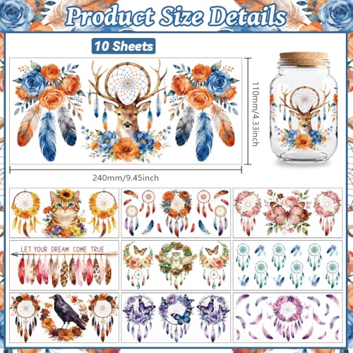 UV DTF Cup Wraps Transfer Stickers Dreamcatcher with Animal Pattern, 10 Sheets Waterproof Custom Vinyl Transfer Sticker 16oz Coffee Glass Cup Tumbler Bottle Mug Decals for Men Women - style: Dreamcatcher with Animal