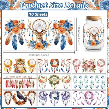 UV DTF Cup Wraps Transfer Stickers Dreamcatcher with Animal Pattern, 10 Sheets Waterproof Custom Vinyl Transfer Sticker 16oz Coffee Glass Cup Tumbler Bottle Mug Decals for Men Women - style: Dreamcatcher with Animal
