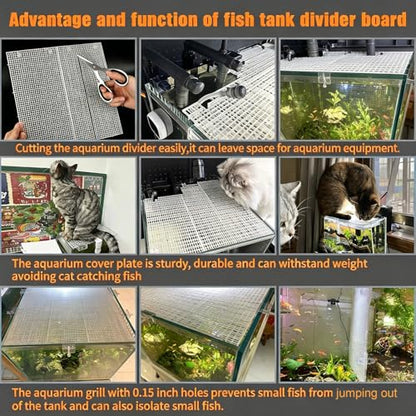 10 Pieces High-Density Aquarium Grid Plastic, Fish Tank Divider with 60 Brackets & 8 Suction Cups, Plastic Egg Crate Grid Panel for DIY Aquarium Lid, Bottom Filtration, Aquascaping Protection, White