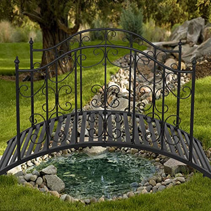 VINGLI Garden Bridge Metal Yard Arch Path Bridge with Patterned Guardrails, Ourdoor Decorative Black Iron Foot Bridge for Pond and Backyard Landscaping-4FT
