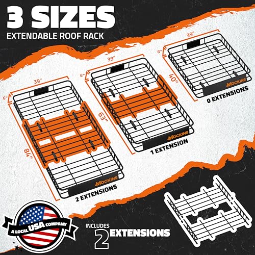 Mockins XL Extendable Roof Rack Cargo Carrier for Top of Vehicle Storage | 84"x39"x6" 250 Lbs Capacity Weatherproof Steel Roof Basket | Heavy Duty Car & SUV Rooftop Cargo Carrier Set w/ Straps & Net - size: Basket: 84"x39"x6"