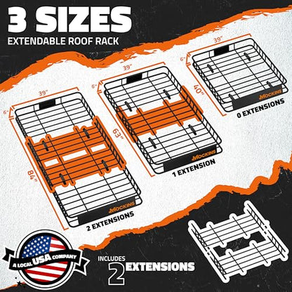 Mockins XL Extendable Roof Rack Cargo Carrier for Top of Vehicle Storage | 84"x39"x6" 250 Lbs Capacity Weatherproof Steel Roof Basket | Heavy Duty Car & SUV Rooftop Cargo Carrier Set w/ Straps & Net - size: Basket: 84"x39"x6"