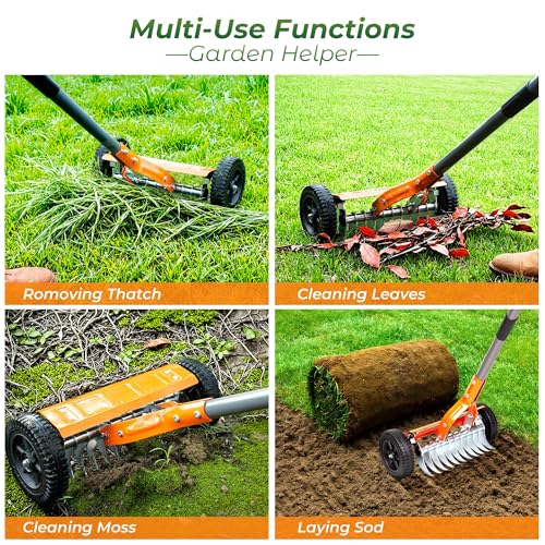 Walensee Dethatching Roller Rake with 76.8'' Adjustable Handle, Lawn Dethatcher Rake with 2mm Stainless Steel Blades,Thatch Remover, Soil Aerator & Loosening Tool for Moss, Leaves, Yard Lawn Care