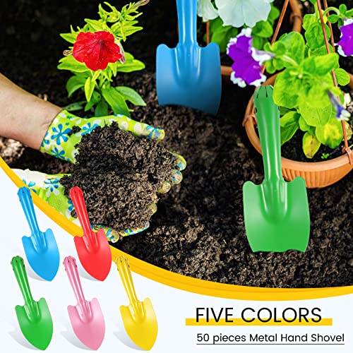 50 Pcs Mini Colorful Metal Hand Shovel 7.87 x 2.56 Inch Mini Trowel Set Garden Tools Small Garden Shovels for Digging Gardening Soil Planting Transplanting Women Men, 5 Colors