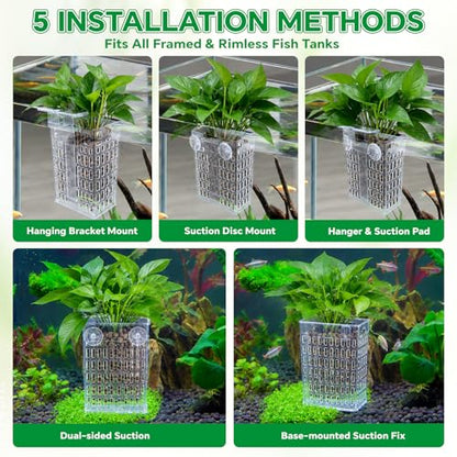 2 Pack Upgraded Aquarium Plant Holder, Adjustable Height Fish Tank Planter with Suction Cups & Extendable Hooks, Transparent Aquaponic Plant Holder for Aquascape Decoration