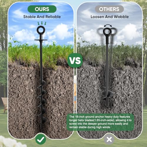 Garden Stakes 18" Heavy Duty Tree Stakes Ground Anchors with Straps & Steel Cable - Screw in Spiral Earth Anchors for Plant Support, Shed, Trampoline, Swing Set - Secure Against High Winds (6)