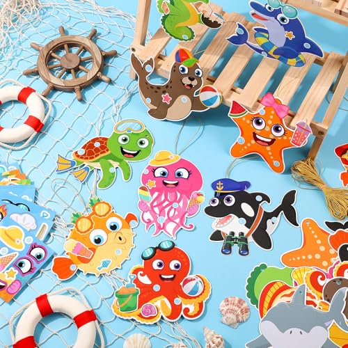 Frienda 48 Set Ocean Animal Make a Face Craft Kit DIY Hanging Decorations Large Sea Creature Cards with Stickers Gold Ribbon Summer Beach Party Favors Craft Activity Set Rewards Gift - style: Ocean Animal