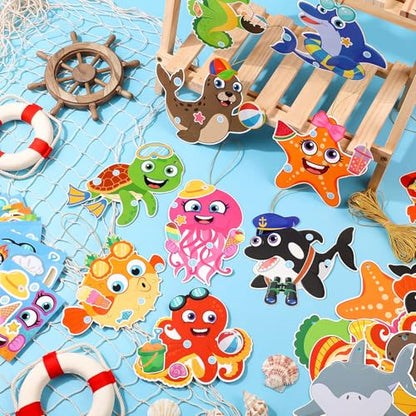 Frienda 48 Set Ocean Animal Make a Face Craft Kit DIY Hanging Decorations Large Sea Creature Cards with Stickers Gold Ribbon Summer Beach Party Favors Craft Activity Set Rewards Gift - style: Ocean Animal