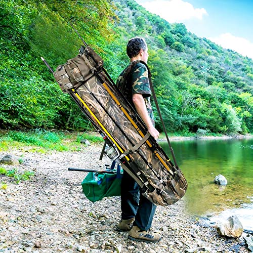 Allnice Durable Canvas Fishing Rod & Reel Organizer Bag Travel Carry Case Bag- Holds 5 Poles & Tackle
