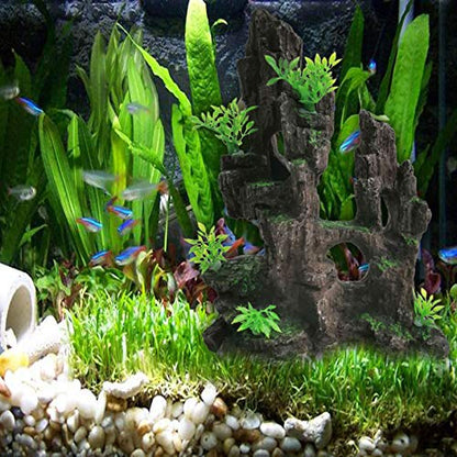 Aquarium Mountain View Stone Resin Fish Tank Decoration Betta Hideout Caves Rockery Landscape Tree Rock Hiding Cave Decor for Small Fish Shrimp Play Ornament