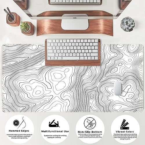 Desk Mat Large Gaming White Mouse Pad Minimalist Topographic Map Desk Mat Extended XL Mousepad 31.5x15.7 in Anti-Slip Desk Pad Keyboard Mousepad Stitched Edges Large Mouse Pad Grey - color: Grey