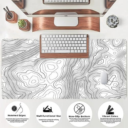 Desk Mat Large Gaming White Mouse Pad Minimalist Topographic Map Desk Mat Extended XL Mousepad 31.5x15.7 in Anti-Slip Desk Pad Keyboard Mousepad Stitched Edges Large Mouse Pad Grey - color: Grey