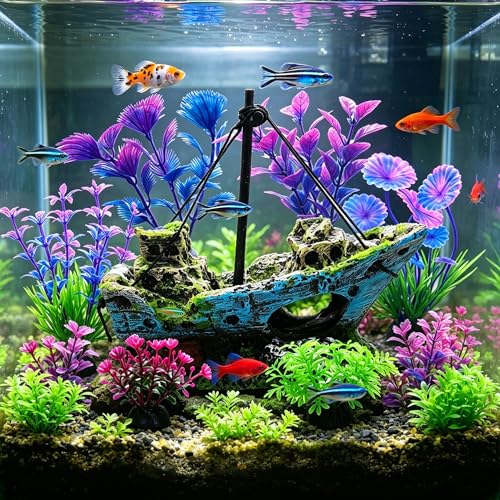 Aquarium Decoration Kit, Resin Shipwreck Ornament with 6 Artificial Aquatic Plants, Fish Tank Decor Set