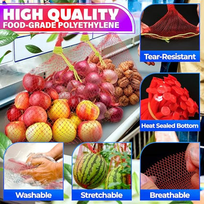 100 Pieces Reusable Nylon Mesh Net - Fruit and Vegetable Storage 24"L - Seafood Boil Bags Red Mesh Net Bag Small Netting for Produce Ideal for Onion Potato Garlic Storage Shellfish Crab Crawfish Sacks