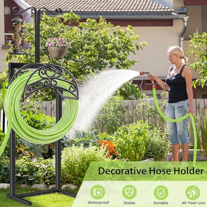 TomCare Garden Hose Holder Upgraded Water Hose Holder Heavy Duty 4 Spikes Hose Hanger Holds 160 Feet Hoses Stable Freestanding Hose Storage Organizer for Outside Yard - color: Deep Black