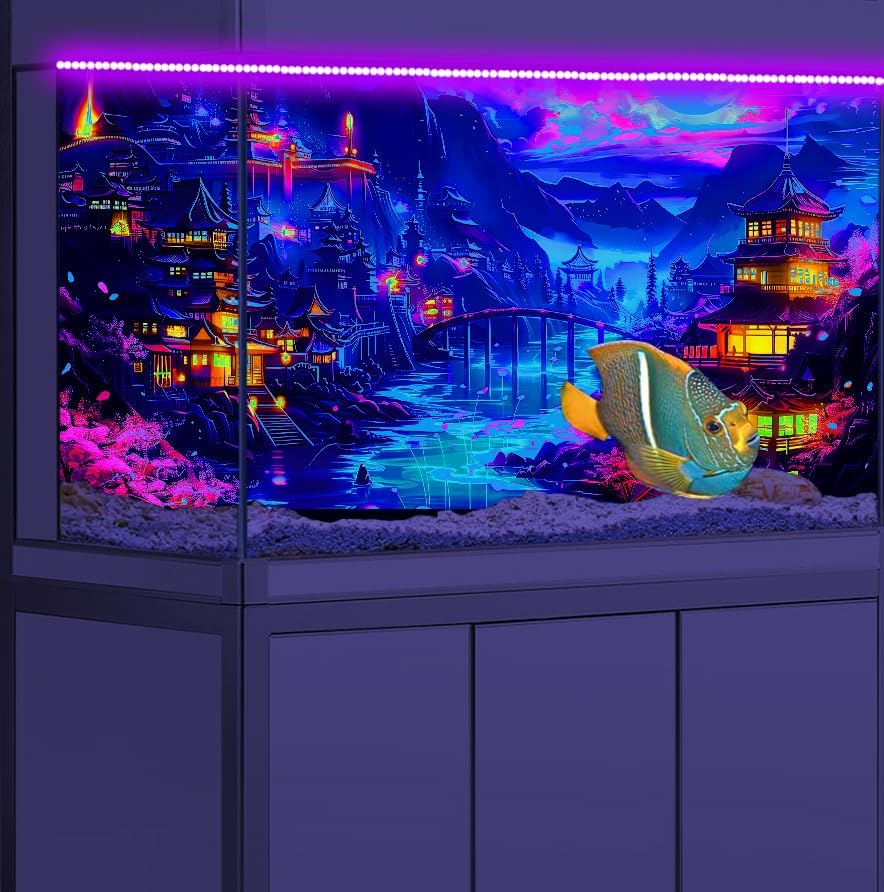 48X24IN Blacklight Japanese Anime Black Light Aquarium Background, UV Art City Night Fish Tank Background Scenery Terrarium Background with 10 EVA Double-Sided Tape - size: 48X24in/120X60cm
