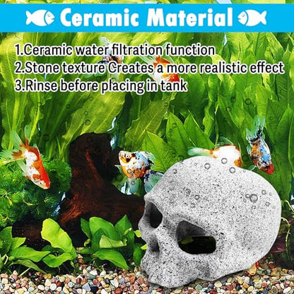 Aquarium Skull Reptile House Decor Ceramic Head Skeleton Decorations Cave Betta Toys Fish Hideout Stones House for Tank Landscape Decorative Hideout Cave Shelter Shrimp Cichlid Hiding Breeding