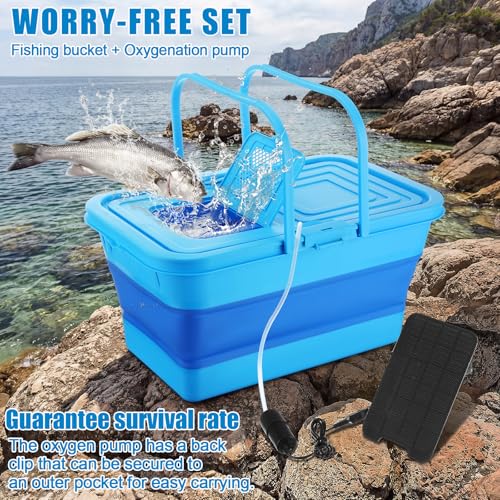 Live Bait Bucket with Solar Aerator, 20l Foldable Fishing Bucket, Portable Quiet Oxygen Pump, Collapsible Minnow Tank for Outdoor Fishing