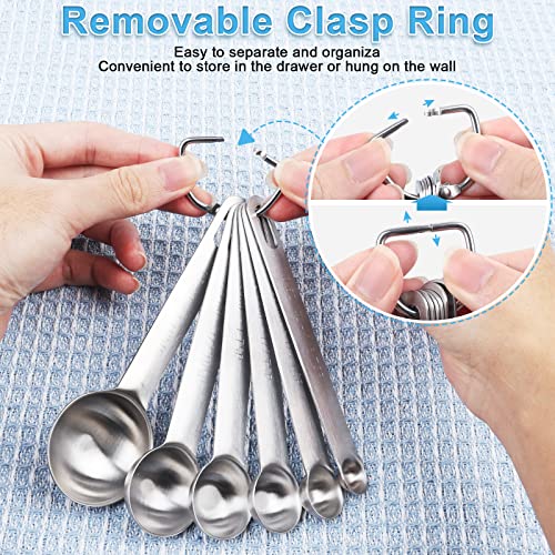 Upgrade Stainless Steel Measuring Spoons Set, Small Tablespoon, Teaspoons, Set 6 with Bonus Leveler, Etched Markings and Removable Clasp for Dry and Liquid, Fits in Spice Jars - size: 7 pieces