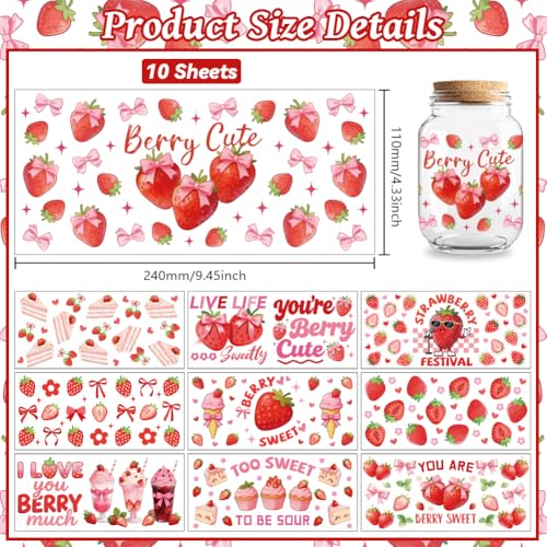 UV DTF Cup Wraps Transfer Stickers Strawberries with Cakes and Bows Pattern, 10 Sheets Waterproof Custom Vinyl Transfer Sticker 16oz Coffee Glass Cup Tumbler Bottle Mug Decals for Men Women - style: Strawberries with Cakes and Bows