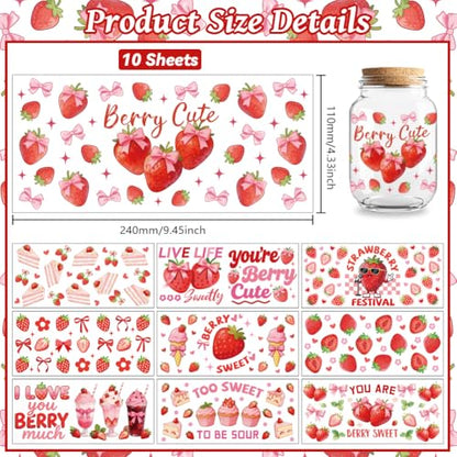 UV DTF Cup Wraps Transfer Stickers Strawberries with Cakes and Bows Pattern, 10 Sheets Waterproof Custom Vinyl Transfer Sticker 16oz Coffee Glass Cup Tumbler Bottle Mug Decals for Men Women - style: Strawberries with Cakes and Bows
