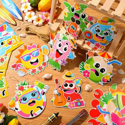 Frienda 48 Set Summer Craft Kit Hawaii Make a Face Paper Sticker Tropical Pool Beach Crafts Make Your Own Pineapple Flamingo Hawaii Sticker for Summer Party Favors Classroom Luau Game Rewards Gift - style: Summer