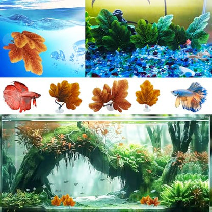 Fish Leaf Pad Betta Leaf Hammocks with Suction Cup 3pcs Fish Tank Accessories Aquarium Decor Plastic Plants Natural Habitat Spawning Breeding Resting Bed Multi Leaf Design (Yellow)