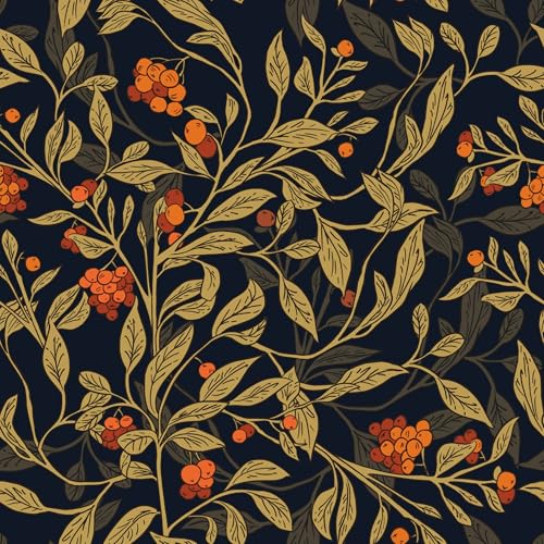 Extra Long Peel and Stick Wallpaper, Thick Self Adhesive Vinyl Roll, Removable Waterproof Contact Paper for Bedroom Bathroom Accent Wall, Vintage Branch Leaves Berries Decor Mustard Gold, 17.5" x 393" - color: Black/Yellow/Orange, size: 17.5" x 393"