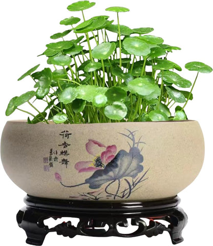 Lotus Bowl Planter, Chinese Ceramic Lotus Flower Bowl with Stand Base, Hydroponic Water Lily Bowl Planter Indoor, Oriental Fish Tank Bowl for Lotus Flowers Indoor (Style A)