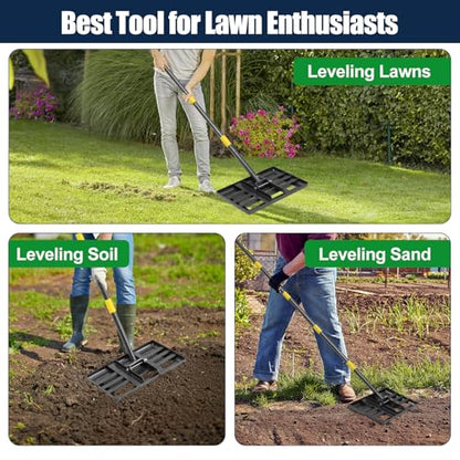 Professional Lawn Leveling Rake with 17x10in Heavy-Duty Stainless Steel Head & 72" Adjustable Handle - Grass Leveling Tool for Quick Soil Grading, Thatch Removal and Yard Maintenance - size: 17x10", 72"