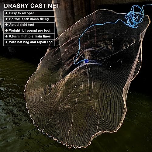 Saltwater American Fishing Cast Net 3/8inch Mesh Size for Bait Shrimp Trap Fish Heavy Duty Sinkers Throw Net 3FT/4FT/5FT/6FT/7FT/8FT/9FT/10FT Radius - color: White, size: 3FT Radius, style: Zinc-iron--mono -3/8" Mesh 1lb/Ft
