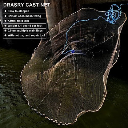 Saltwater American Fishing Cast Net 3/8inch Mesh Size for Bait Shrimp Trap Fish Heavy Duty Sinkers Throw Net 3FT/4FT/5FT/6FT/7FT/8FT/9FT/10FT Radius - color: White, size: 3FT Radius, style: Zinc-iron--mono -3/8" Mesh 1lb/Ft